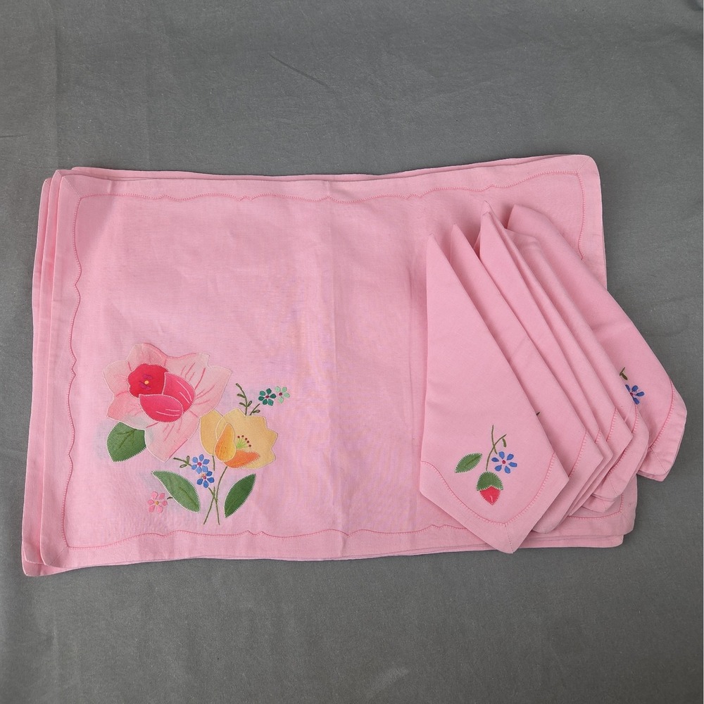 Pink Floral Embroidered Placemat Cloth Napkin Set Applique Coquette Shabby Chic